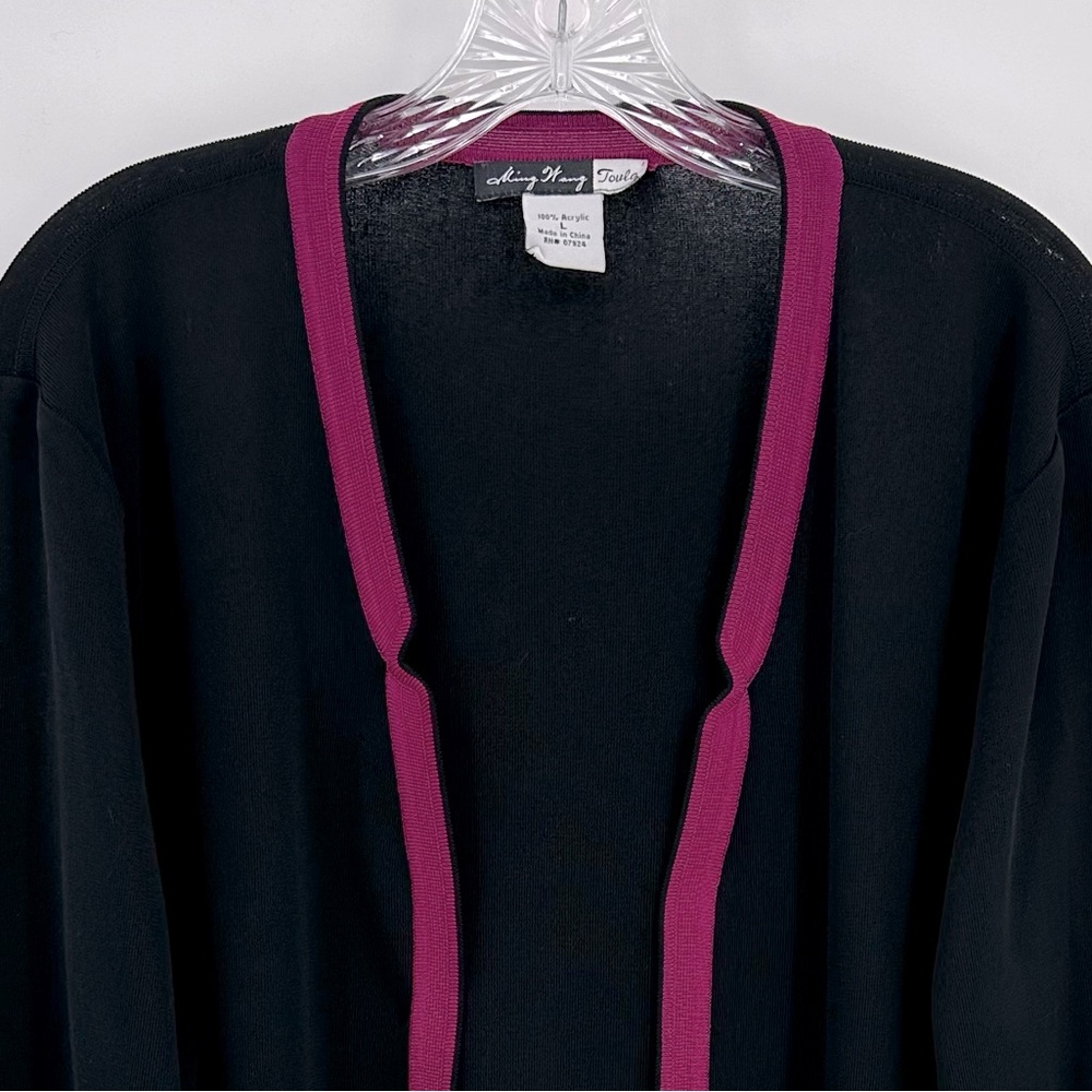 Ming Wang Cardigan Open Front Black Raspberry Border Size L - Picture 2 of 6